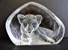 Large Mats Jonasson Crystal Lion Cub Paperweight Sculpture 19cm Wide
