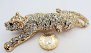 Large Circa 1980's 14k Gold Plated Crystal Tiger Shoulder Brooch 5 inches Long
