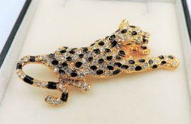 Vintage Gold Plated Enamel Crystal Leopard Brooch
