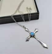 Vintage Sterling Silver Turquoise Cross Pendant Necklace