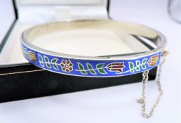 Vintage Sterling Silver Cloisonne Hinged Bangle