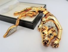 Large 1980's Gold Plated Crystal Lion Articulated Shoulder Brooch 7 inches Long