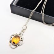 Vintage Sterling Silver Amber Pendant Necklace