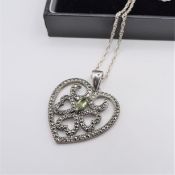 Sterling Silver Peridot & Marcasite Pendant Necklace with Gift Pouch