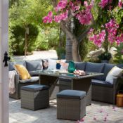(4/P) RRP £850 When Complete. Matara Grey Rattan Corner Sofa Dining Set. Powder Coated Steel Fram...