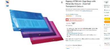 20 x Rapesco 0798 A4+ Zippi Bags with Metal Zip Closure - Assorted Transparent Colours Packs of 2...
