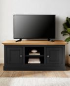 (79/1F) RRP £119. Ashford TV Stand Black/Oak. Features Two Cupboards And Open Shelves With Easy C...
