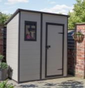 (6/Mez/P) RRP £445. Keter Manor 6x4 Outdoor Garden Pent Storage Shed Beige/Brown.