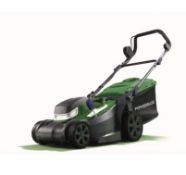 (99/Mez/1D) RRP £189. Powerbase 34cm 40V Cordless Lawn Mower. (2x Battery & 1x Dual Charger Seen)...
