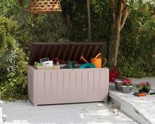 (81) Keter Novel Deck Box Beige. 340L Capacity. Elegant & Contrasting Wood Effect Panel With Air...