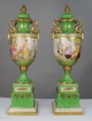 Pair of Meissen Style Green Lidded Urns