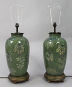 Pair of Oriental Green Glazed Floral Table Lamps with Brass Fittings