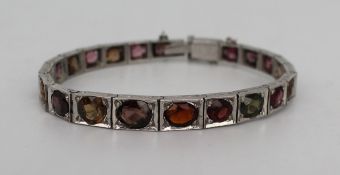 Multicoloured Gemstone Engraved White Metal Bracelet
