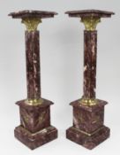 Pair of Ornate Rouge Marble Column Pedestals