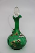 Antique Hand Painted Green Glass Claret Jug