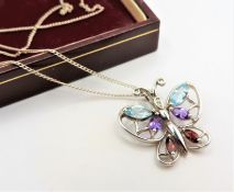Sterling Silver Diamond, Topaz, Amethyst & Garnet Butterfly Pendant Necklace with Gift Box