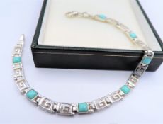 Sterling Silver Greek Key Turquoise Bracelet