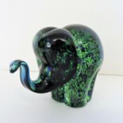 Circa 1970's Signed Wedgwood Speckled Green & Blue Glass Elephant