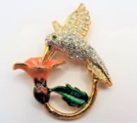 Vintage Gold Plated Enamel & Crystal Humming Bird Brooch