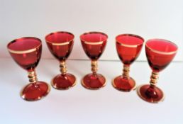 Set 5 Venetian 24k Gold Accented Sherry/Liqueur/Port Glasses.
