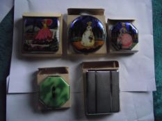 5 X 1930's Gwenda Powder Compacts & Cigarette Case - New Old Stock (unused)- original boxes.