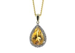9ct Yellow Gold Citrine Diamond Cluster Pendant 0.08