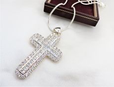 Large Sterling Silver 12 carat Moissanite Cross Pendant Necklace