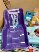 Box of Mixed Items. 18th Birthday Banners. Novelties, Childs Bicycle Doll Carrier, Loom bands
