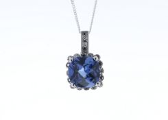 9ct White Gold Created Ceylon Sapphire Diamond Pendant 0.05
