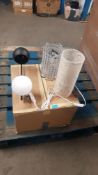 (65/6D) 4x Lighting Items. 1x Curved Floor Lamp Chrome Grey Shade. 1x Laser Cut Desk Lamp. 1x Chrome