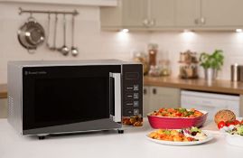 (22/6G) RRP £120. Russell Hobbs Easi Flatbed Family Size Silver Digital Microwave 23L (RHEM2301S).