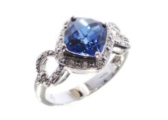 9ct White Gold Created Ceylon Sapphire Diamond Ring 2.82 Carats