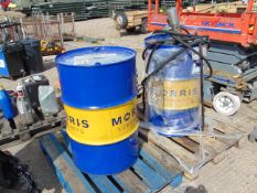2x 205 Litre Steel Drums C/W Pump 1 Practically Full with Diesel Engine Oil