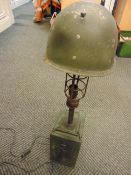 VERY UNUSUAL TABLE LAMP MADE FROM STEEL COMBAT HELMET AMNO BOX ETC