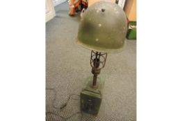 VERY UNUSUAL TABLE LAMP MADE FROM STEEL COMBAT HELMET AMNO BOX ETC