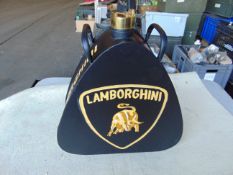 Very Unusual Rectangular Lamborghini 1 Gall Oil Can with Handles and Brass Top