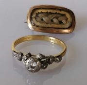 A yellow gold and platinum diamond ring in an illusion setting, size R, stamped 18ct, 3.3g and a Vic