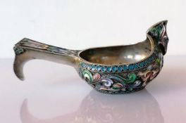 An early 20th century Russian .875 (84 Zolotniki) silver, enamel cloisonné kovsh, Moscow mark, maker
