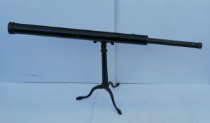 A Victorian lacquered table telescope on a foldable tripod base, lens diameter 50mm, extends to 111
