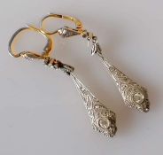 A pair of Art Deco diamond drop earrings, milgrain setting on white and yellow metal, indistinctly h