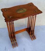 An Edwardian satinwood nest of three tables with painted decoration to tops and legs, 68 h x 56 w x