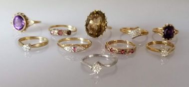 An assortment of ten gem-set rings, all 9ct gold, hallmarked/stamped, various sizes, 23.6g