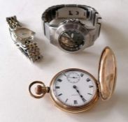 A Waltham gold plated stem-wind full-hunter pocket watch with Roman numerals and subsidiary seconds