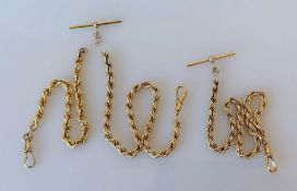 A rope twist gold double Albert chain, 46 cm and another single chain, 16.5 cm
