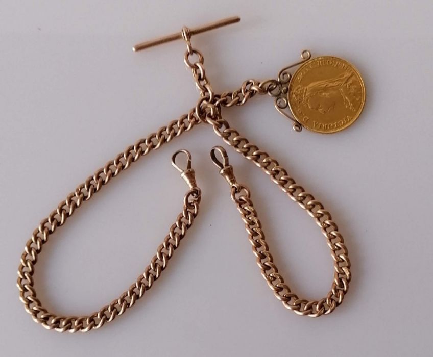 A Victorian gold double sovereign, 1887, on a gold mount, unmarked and a 9ct rose gold curb-link - Image 3 of 3