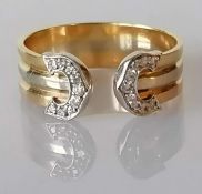 An 18K vintage Cartier double C tri-gold diamond ring, size O, signed shank, 6mm, stamped 750