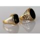 Two gold signet rings with onyx decoration, one with pierced shank, both hallmarked 9ct gold, sizes - Image 1 of 2