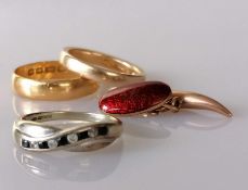 A 22ct yellow gold wedding band, 4mm, 4.5g, another 15ct gold, 3mm, 5.48g, a 9ct white gold gem-set