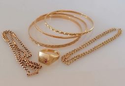 Three yellow gold bangles with etched decoration, internal diameters 65mm, hallmarked 9ct; two