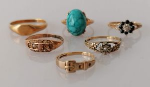 An 18ct gold signet ring, size T, 3.38g; an Edwardian seed pearl-set ring on 15ct gold, 1.45g, sizes